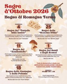 Locandina delle Sagre d'ottobre a Bagno di romagna Terme: 4 ottobre Turtelle intla lastra, 11 ottobre sagra zambudelle, 18 ottobre sagra castagne e polenta, 25 ottobre  sagra scacina fritta, 1 novembr