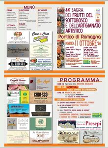 depliant e menù della 44° Sagra dei Frutti del sottobosco e dell'Artigianato Artistico di Portico di Romagna che si terrà il 12 ottobre 2026